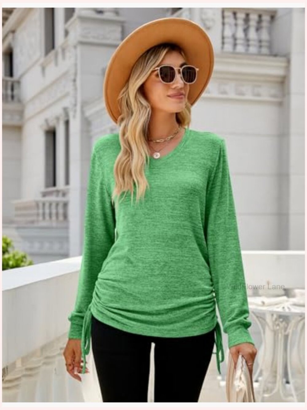 V Neck Drawstring Ruched Long Sleeve Tunic Blouse Pullover - Picture 3 of 6
